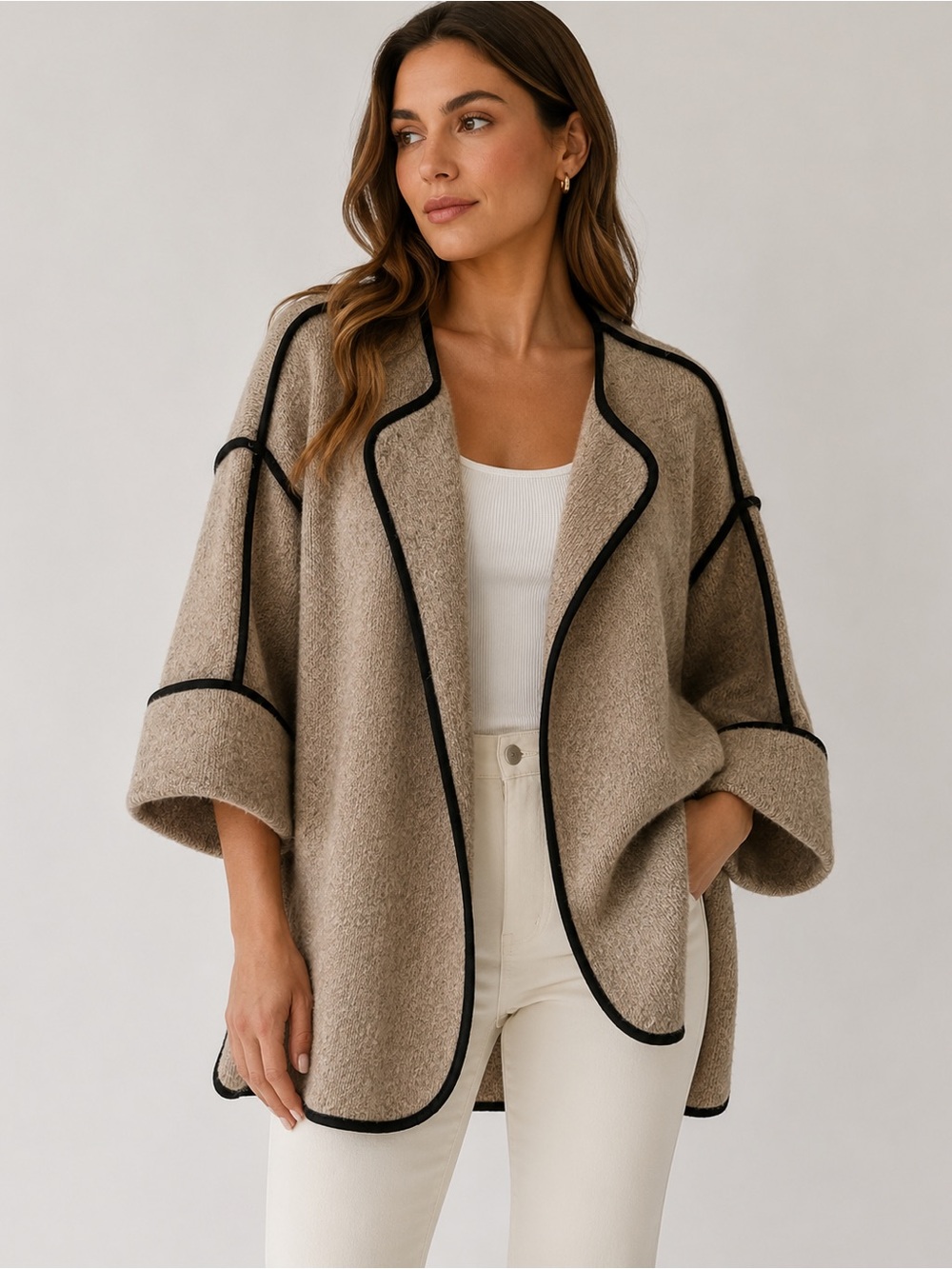 CHIN STUDIO 100% Cotton Oversized Knit Jacket | Contrast Black Piping | Size S